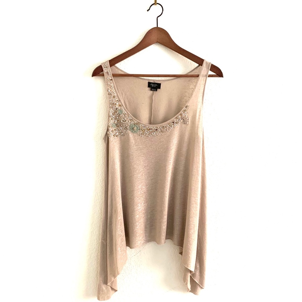 Anthropologie Delete Golden Beaded Asymmetric Top